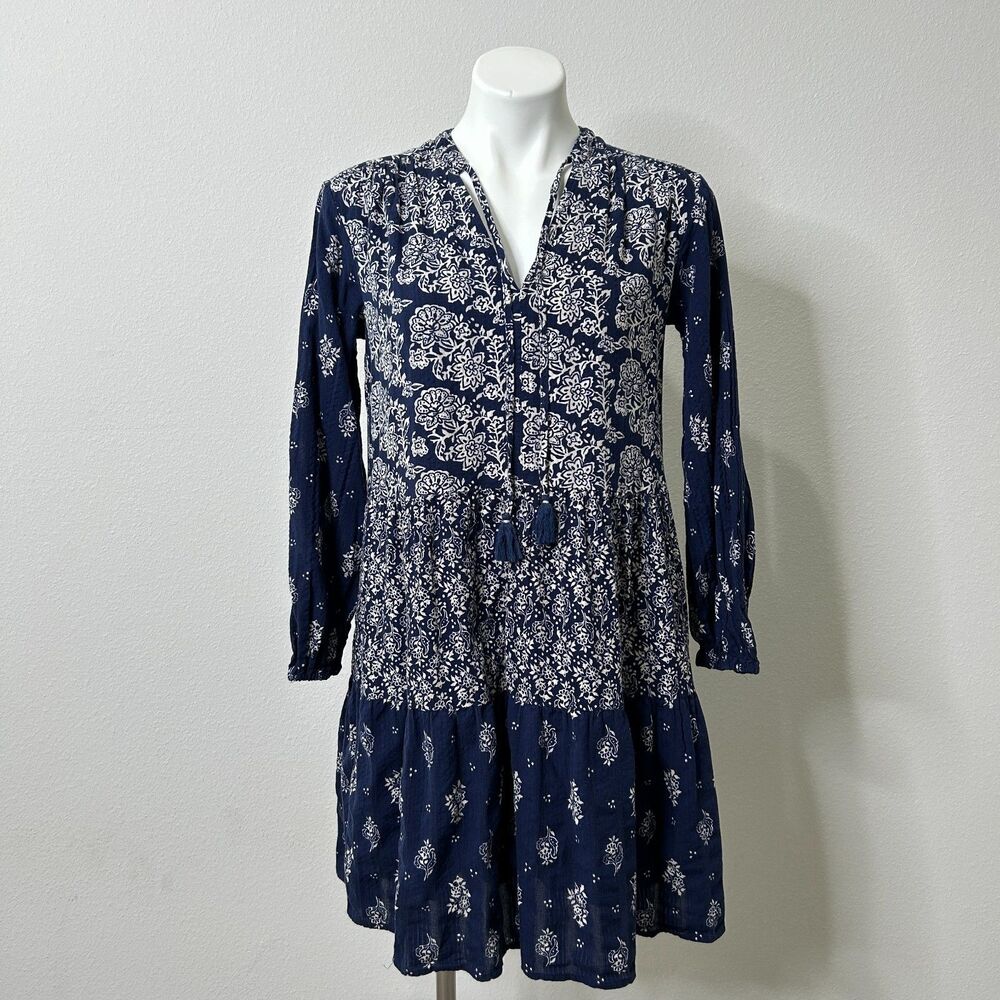 Maeve Anthropologie Womens Carlita Tunic Dress XS Blue Cotton Patchwork Boho